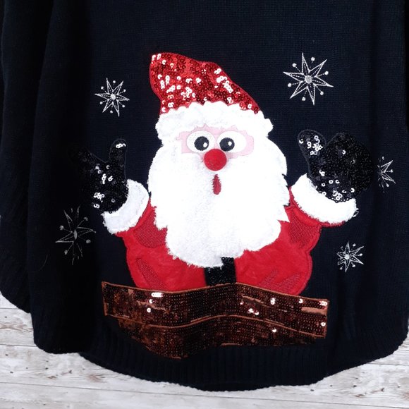 Womens Hooded Christmas Poncho L Santa Sequins Black 992 - Picture 2 of 6